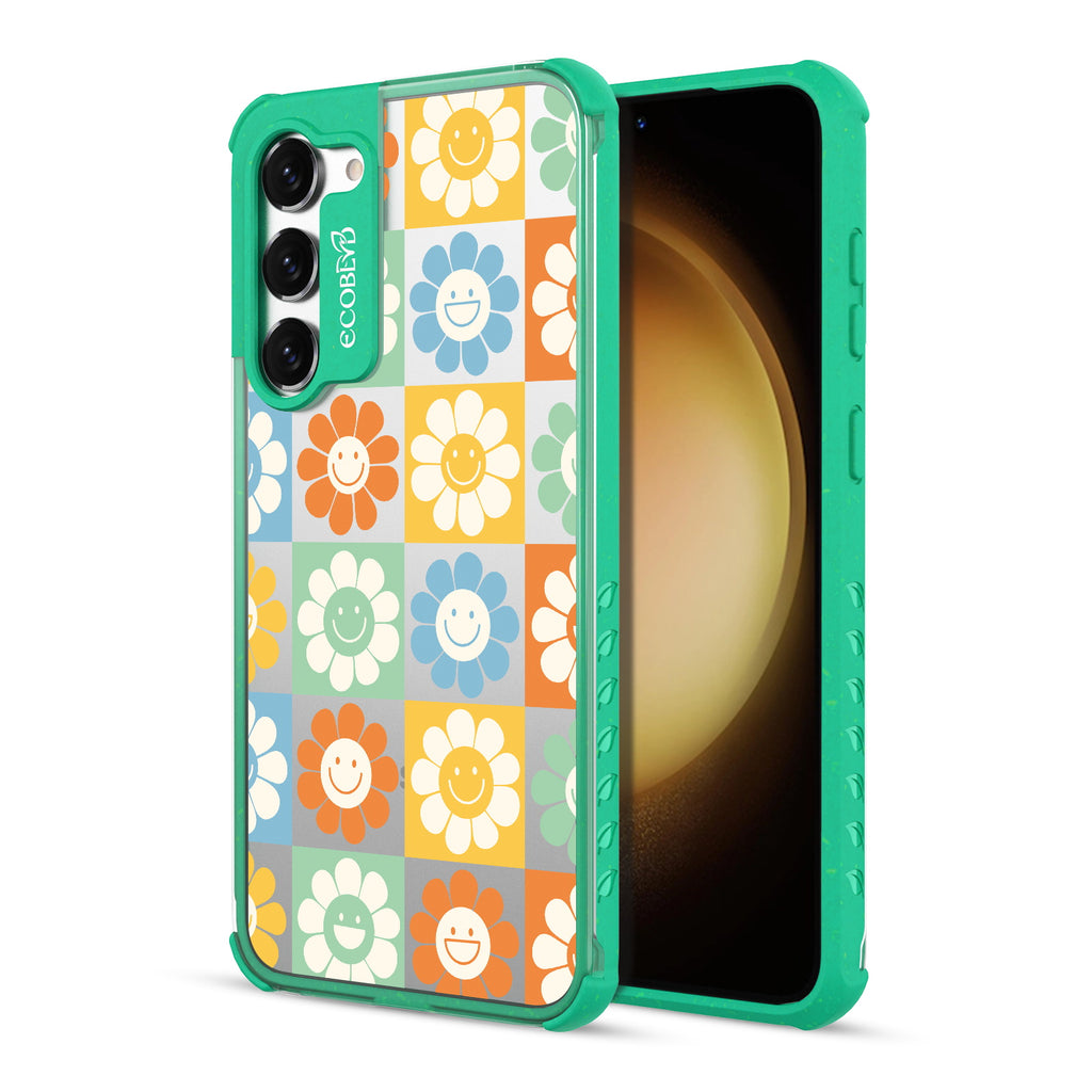 Flower Power - Back View Of Green & Clear Eco-Friendly Galaxy S23 Case & A Front View Of The Screen