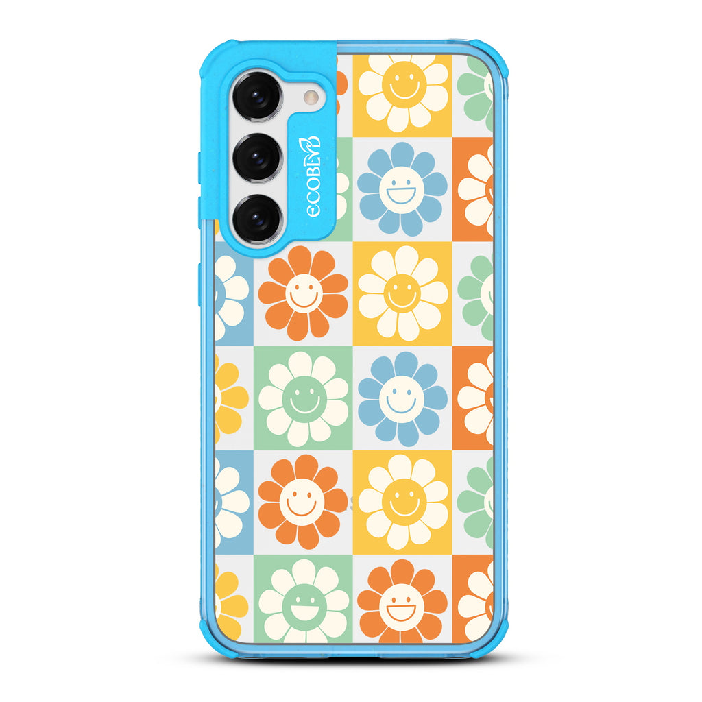 Flower Power - Blue Eco-Friendly Galaxy S23 Case With 70's Gingham Cartoon Flowers W/ Smiley Faces Pattern On A Clear Back