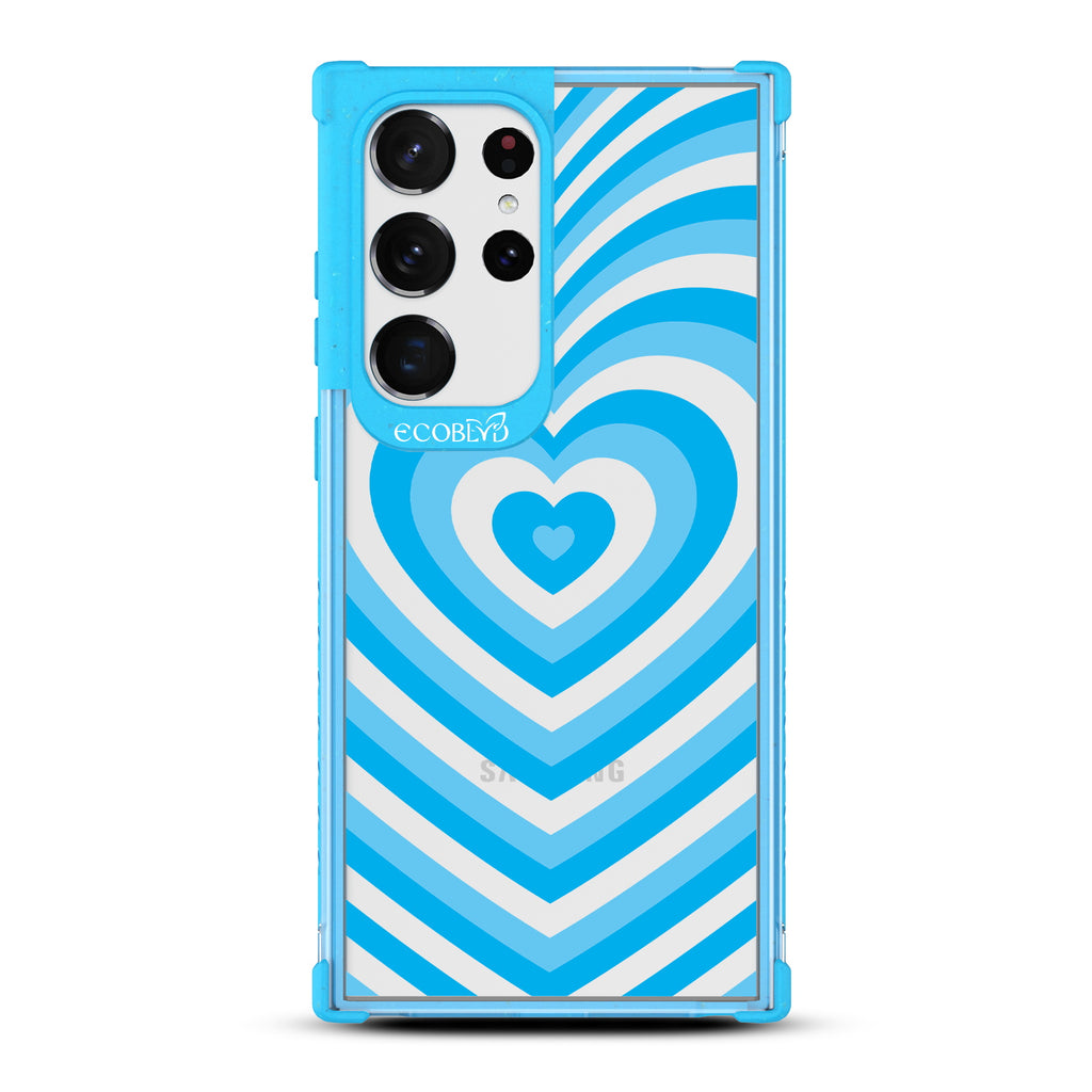 Tunnel Of Love - Blue Eco-Friendly Galaxy S23 Ultra Case With A Small Blue Heart Gradually Growing Large On A Clear Back