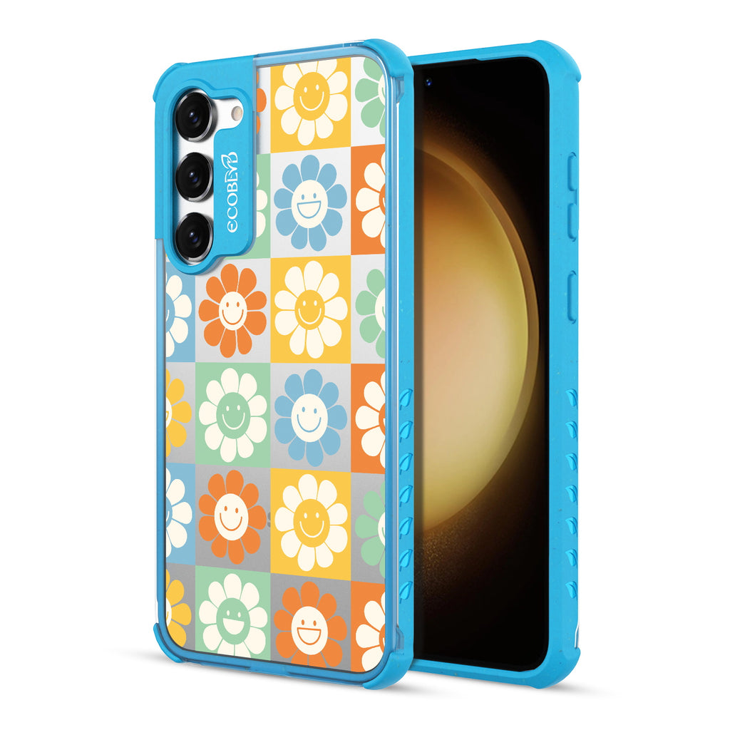  Flower Power - Back View Of Blue & Clear Eco-Friendly Galaxy S23 Case & A Front View Of The Screen