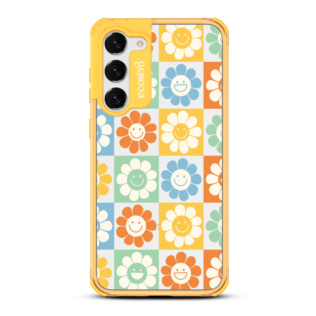 Flower Power - Yellow Eco-Friendly Galaxy S23 Case With 70's Gingham Cartoon Flowers W/ Smiley Faces Pattern On A Clear Back