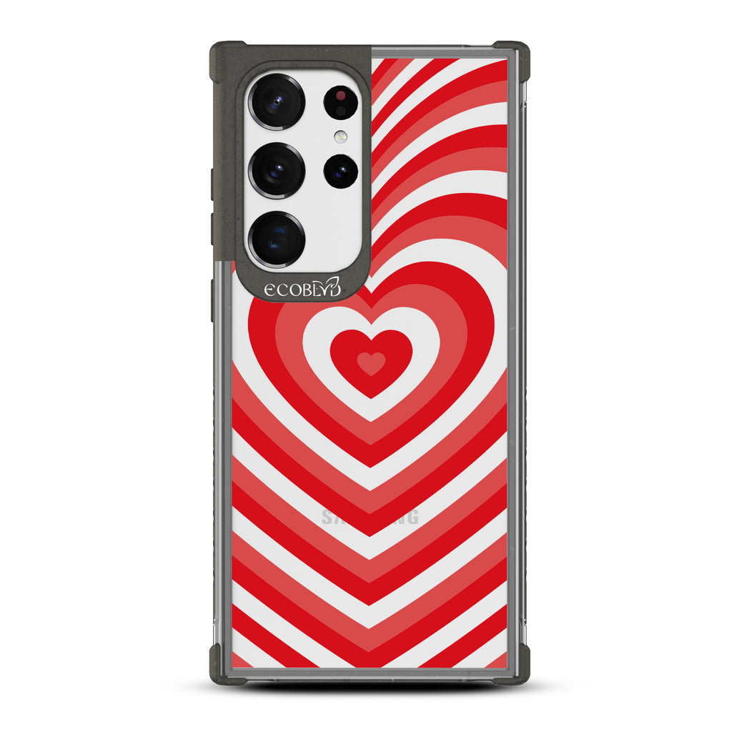 Tunnel Of Love - Black Eco-Friendly Galaxy S23 Ultra Case With A Small Red Heart Gradually Growing Large On A Clear Back