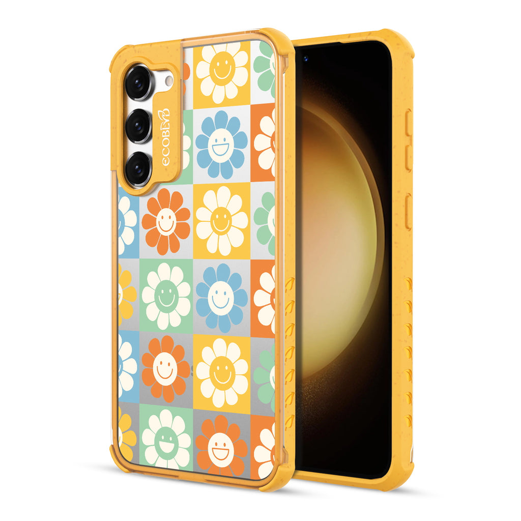 Flower Power - Back View Of Yellow & Clear Eco-Friendly Galaxy S23 Case & A Front View Of The Screen