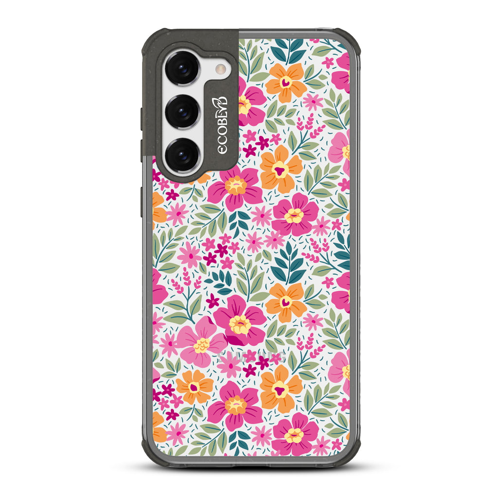 Wallflowers - Black Eco-Friendly Galaxy S23 Case With Bright, Colorful Vintage Cartoon Flowers with Leaves On A Clear Back