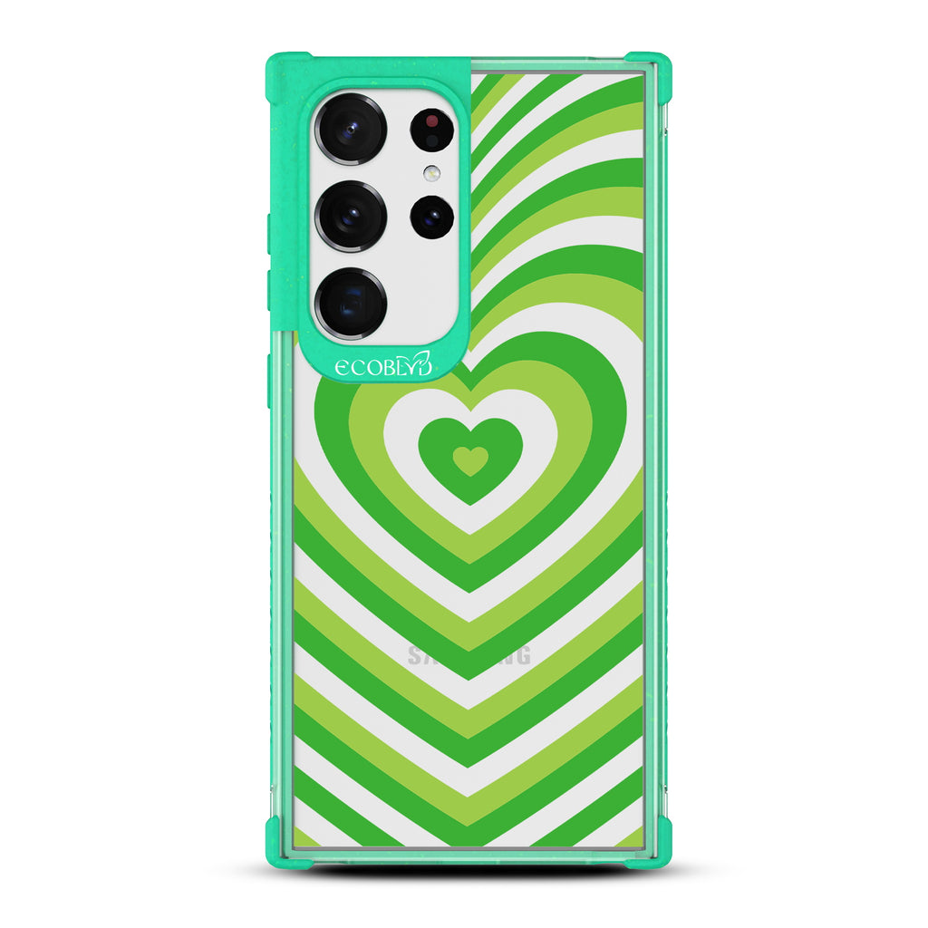 Tunnel Of Love - Green Eco-Friendly Galaxy S23 Ultra Case With A Small Green Heart Gradually Growing Large On A Clear Back