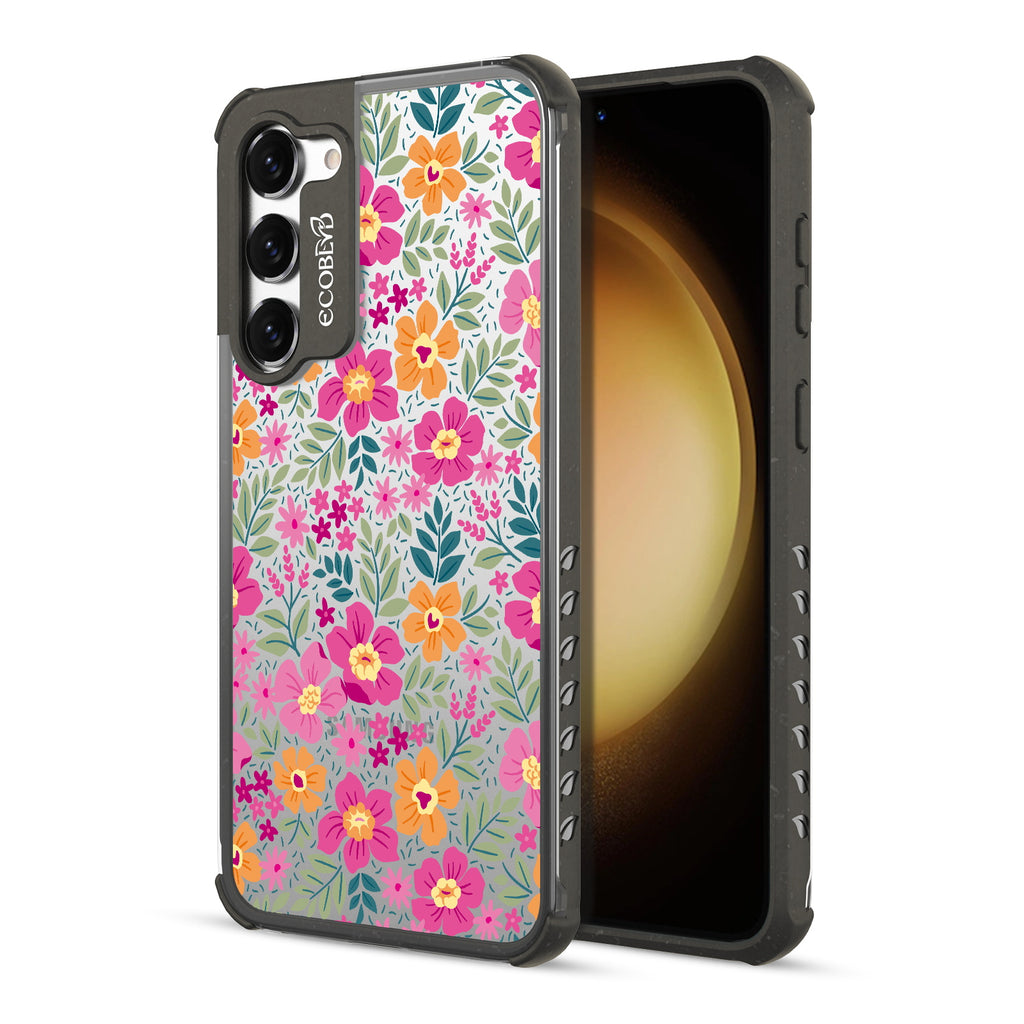 Wallflowers - Back View Of Black & Clear Eco-Friendly Galaxy S23 Case & A Front View Of The Screen