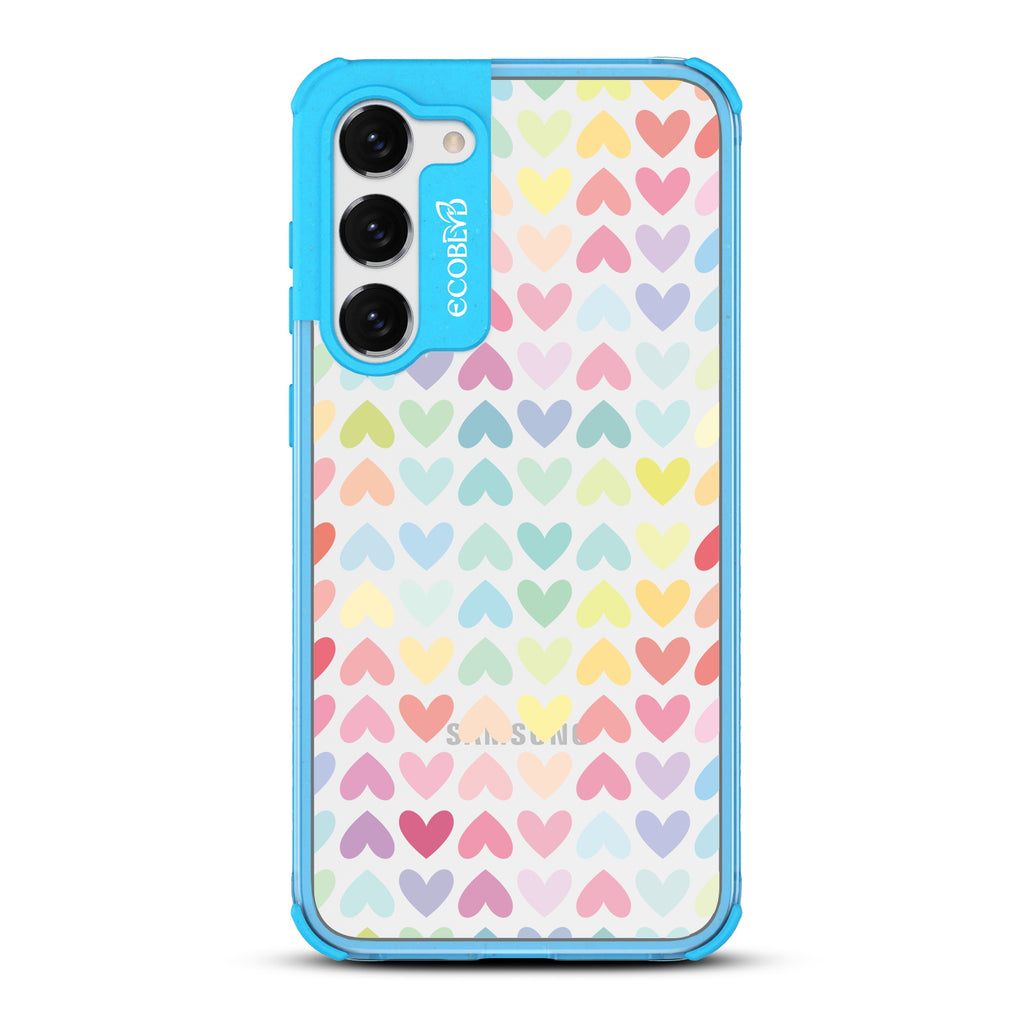 Love Is Love - Blue Eco-Friendly Galaxy S23 Case With A Pastel Rainbow Hearts Pattern On A Clear Back
