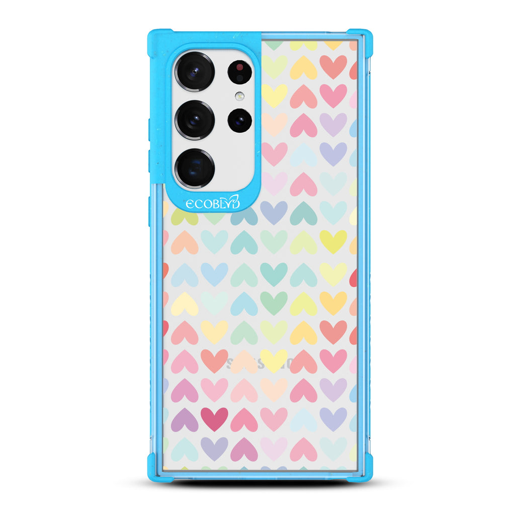 Love Is Love - Blue Eco-Friendly Galaxy S23 Ultra Case With A Pastel Rainbow Hearts Pattern On A Clear Back