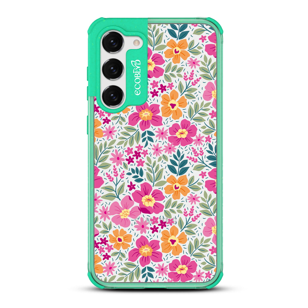 Wallflowers - Green Eco-Friendly Galaxy S23 Case With Bright, Colorful Vintage Cartoon Flowers with Leaves On A Clear Back