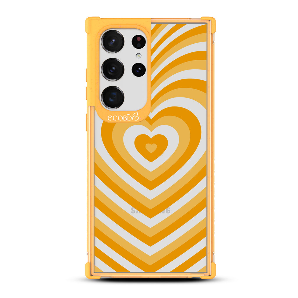 Tunnel Of Love - Yellow Eco-Friendly Galaxy S23 Ultra Case With A Small Yellow Heart Gradually Growing Large On A Clear Back