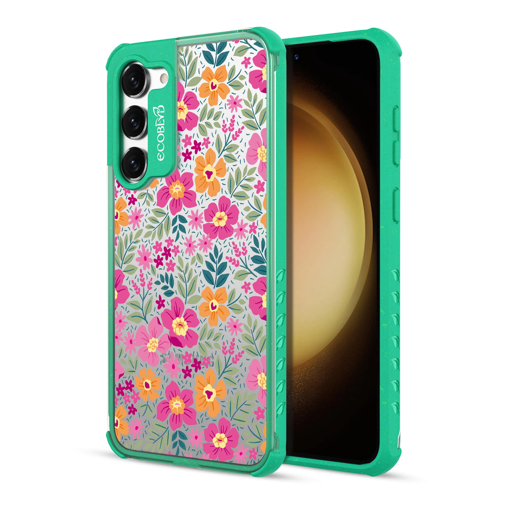 Wallflowers - Back View Of Green & Clear Eco-Friendly Galaxy S23 Case & A Front View Of The Screen