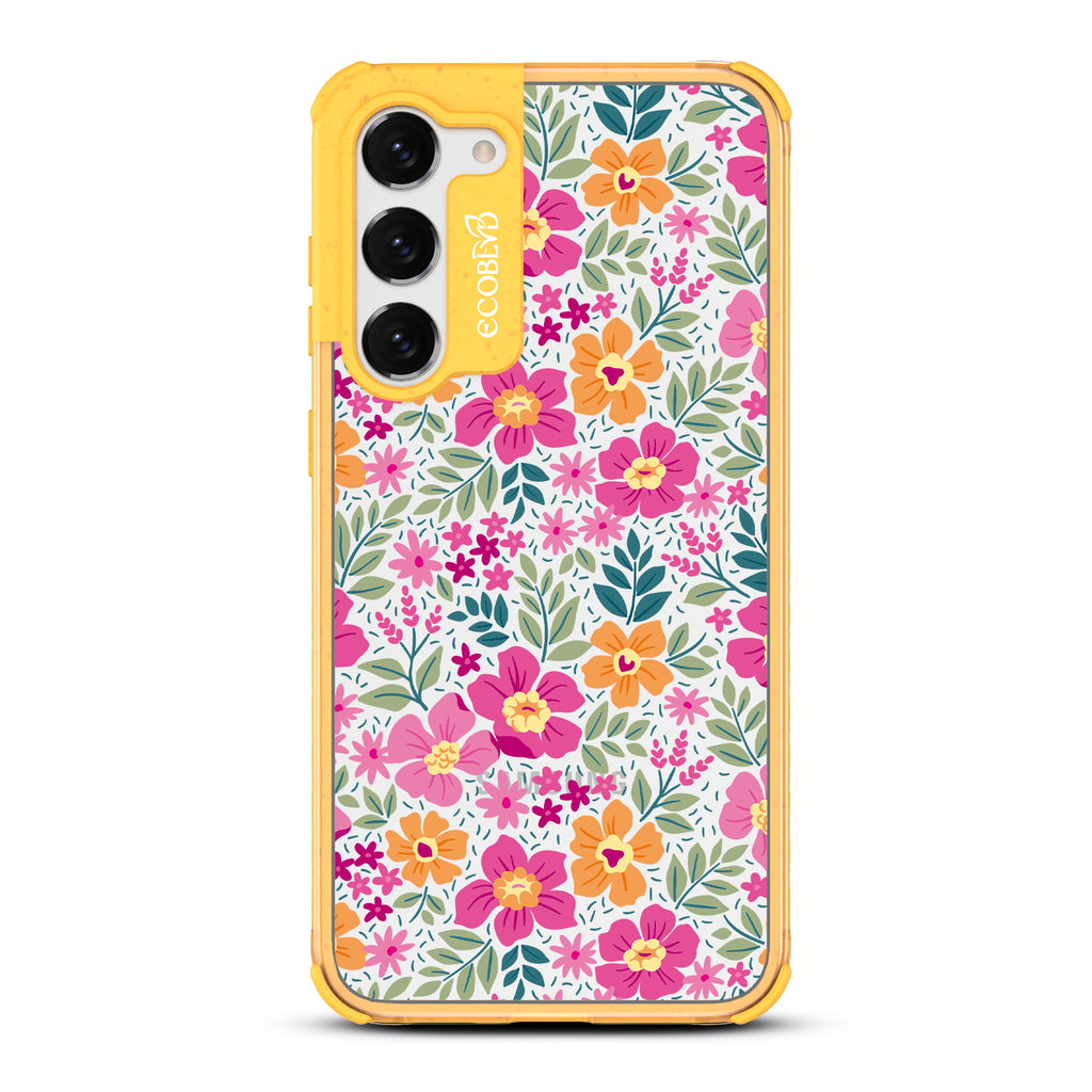 Wallflowers - Yellow Eco-Friendly Galaxy S23 Case With Bright, Colorful Vintage Cartoon Flowers with Leaves On A Clear Back