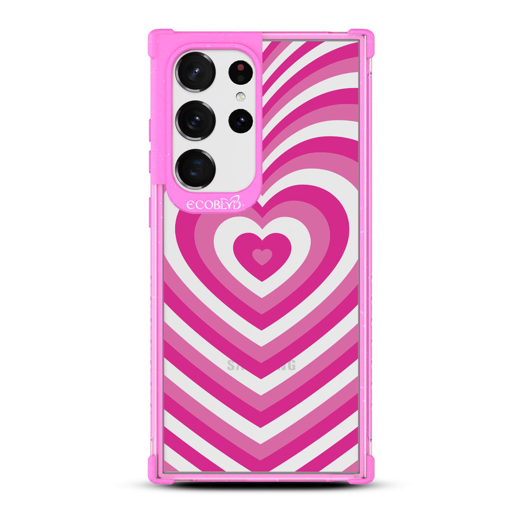 Tunnel Of Love - Pink Eco-Friendly Galaxy S23 Ultra Case With A Small Pink Heart Gradually Growing Large On A Clear Back