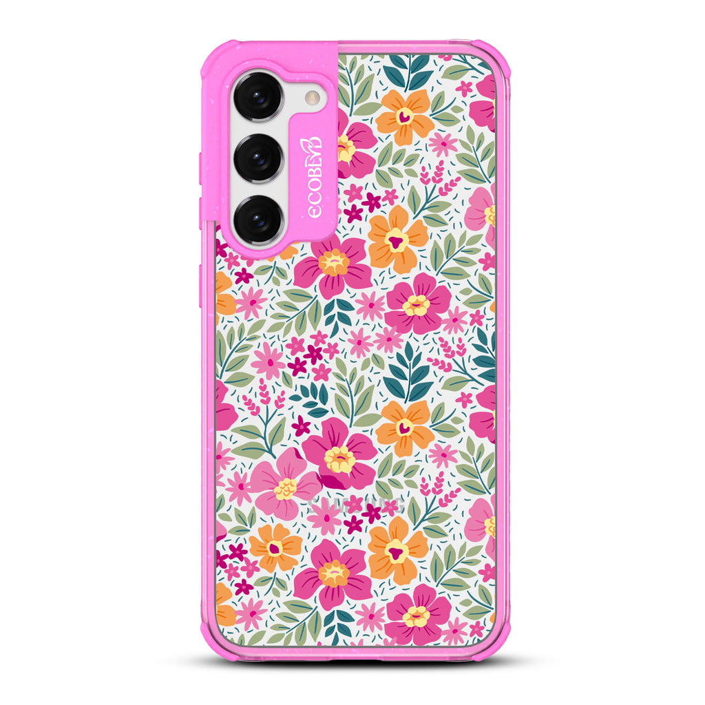 Wallflowers - Pink Eco-Friendly Galaxy S23 Case With Bright, Colorful Vintage Cartoon Flowers with Leaves On A Clear Back