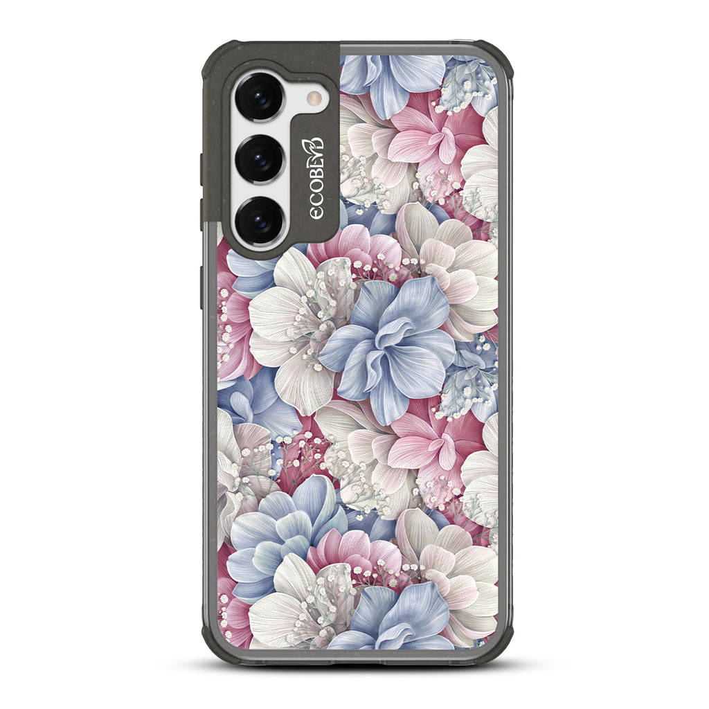 Petals & Pearls Design - Black Eco-Friendly Galaxy S23 Plus Case With A Dewey Pastel-Colored Watercolor Hydrangeas On A Clear Back