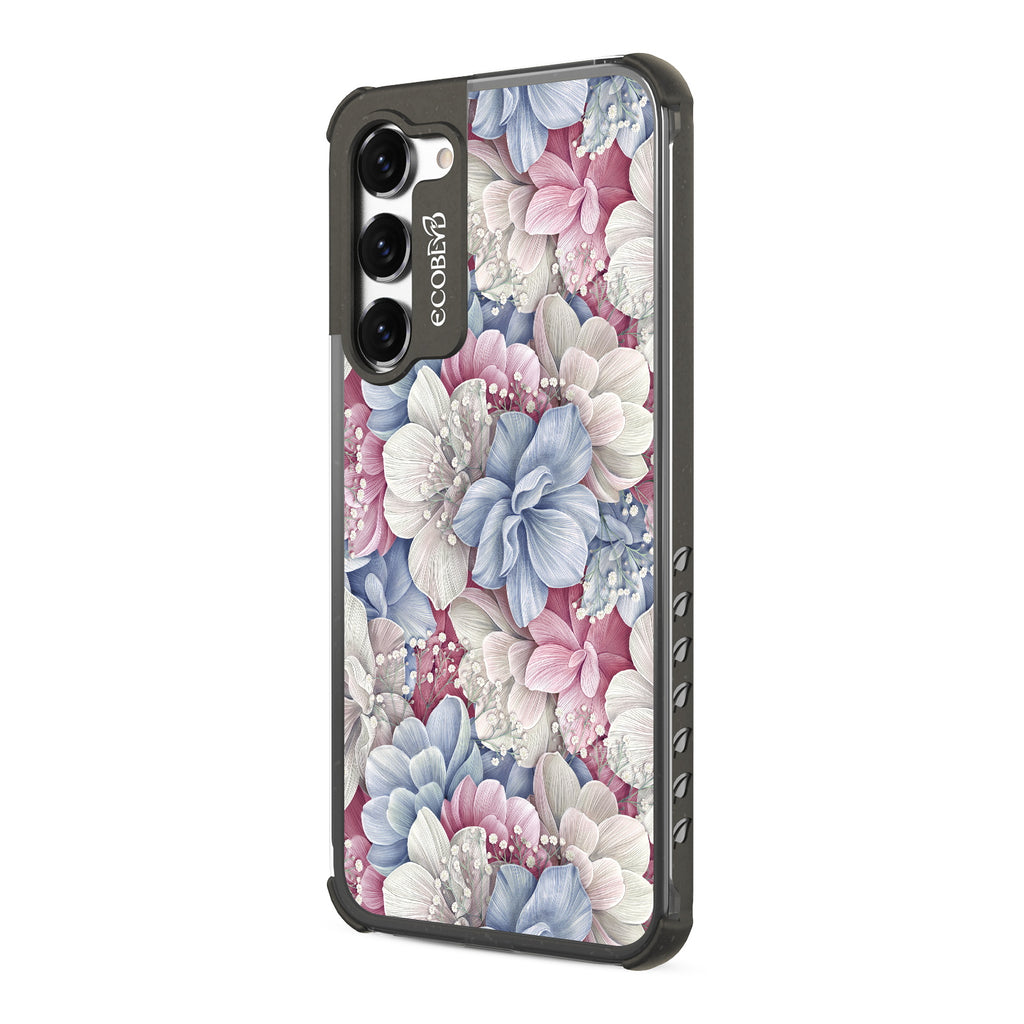 Petals & Pearls- Right-side View Of Black & Clear Eco-Friendly Galaxy S23 Case