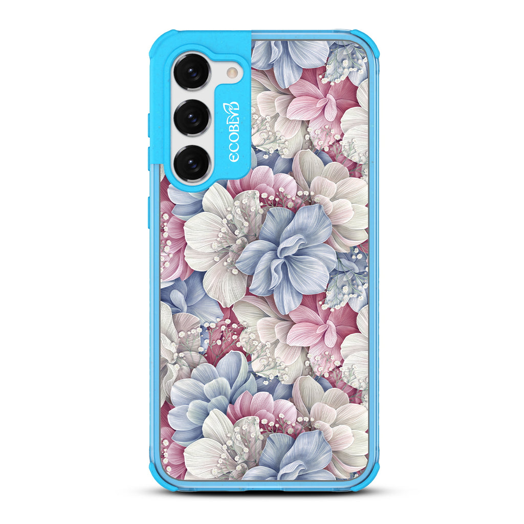 Petals & Pearls Design - Blue Eco-Friendly Galaxy S23 Case With A Dewey Pastel-Colored Watercolor Hydrangeas On A Clear Back