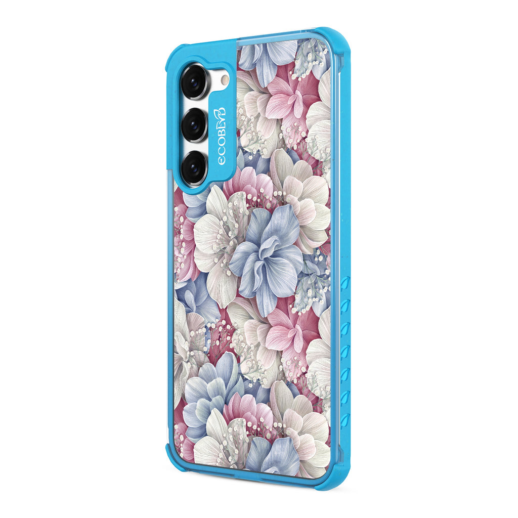 Petals & Pearls- Right-side View Of Blue & Clear Eco-Friendly Galaxy S23 Case
