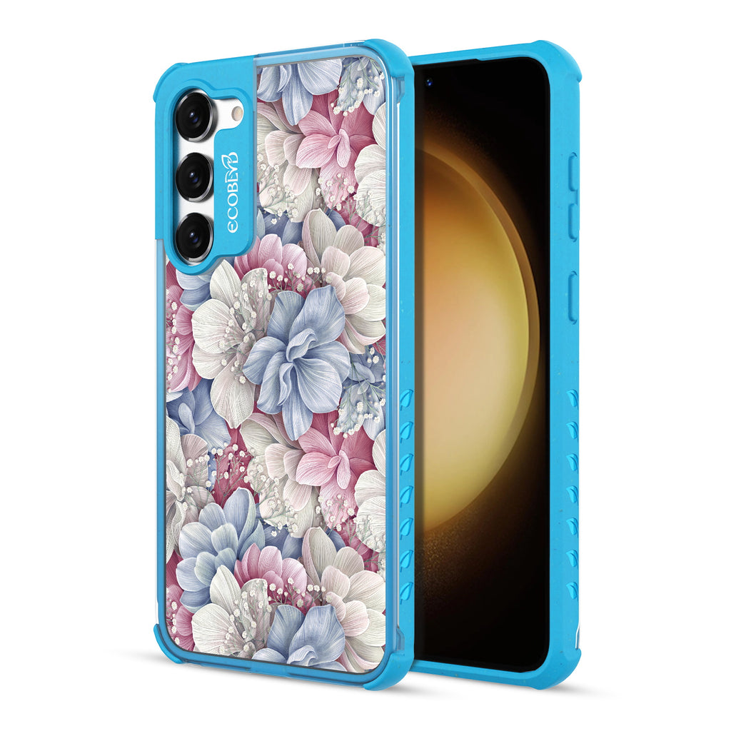 Petals & Pearls- Back View Of Blue & Clear Eco-Friendly Galaxy S23 Case & A Front View Of The Screen