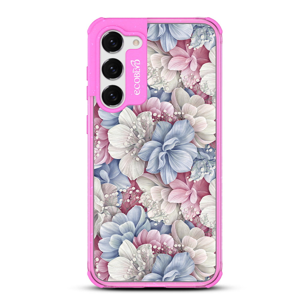 Petals & Pearls Design - Pink Eco-Friendly Galaxy S23 Case With A Dewey Pastel-Colored Watercolor Hydrangeas On A Clear Back