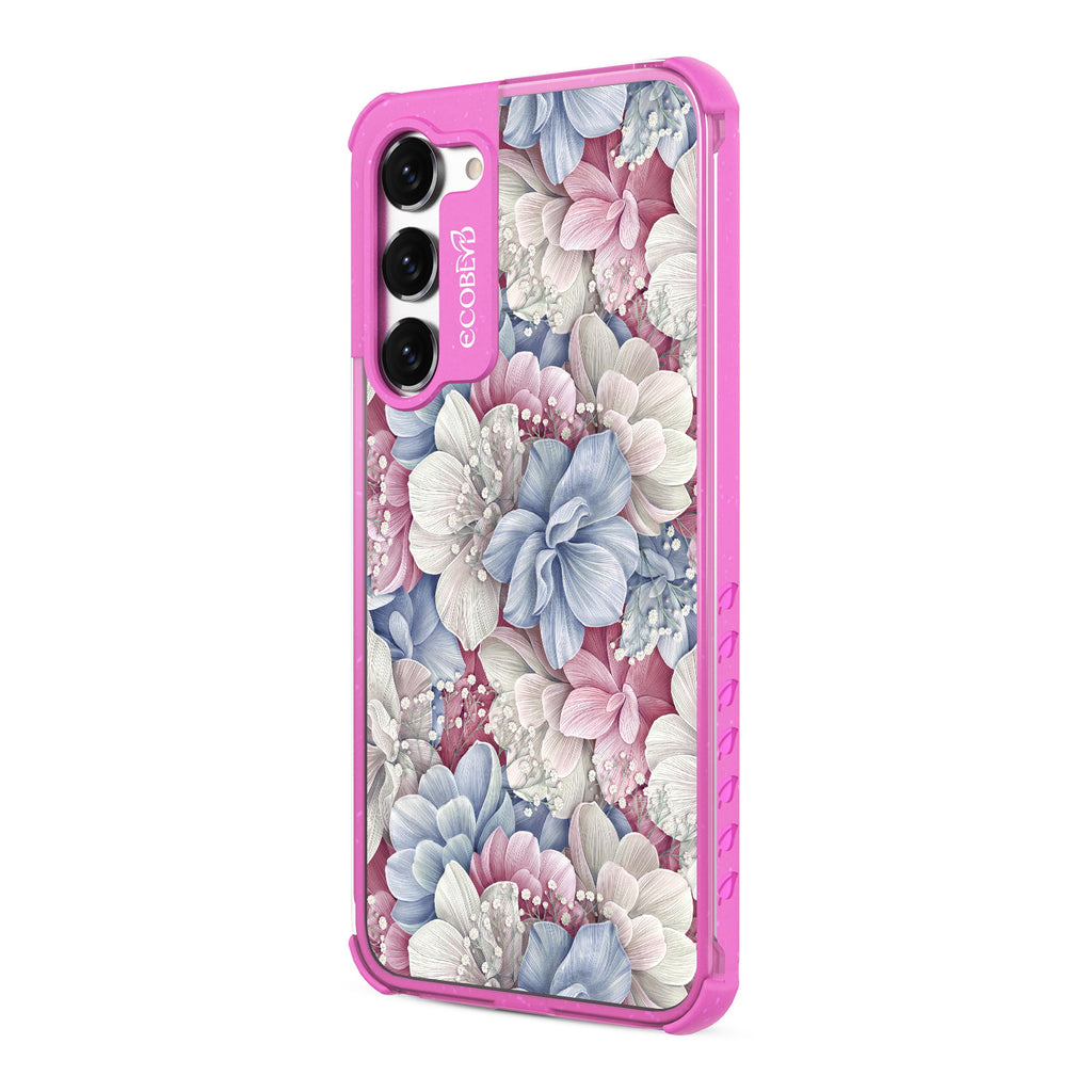 Petals & Pearls- Right-side View Of Pink & Clear Eco-Friendly Galaxy S23 Case