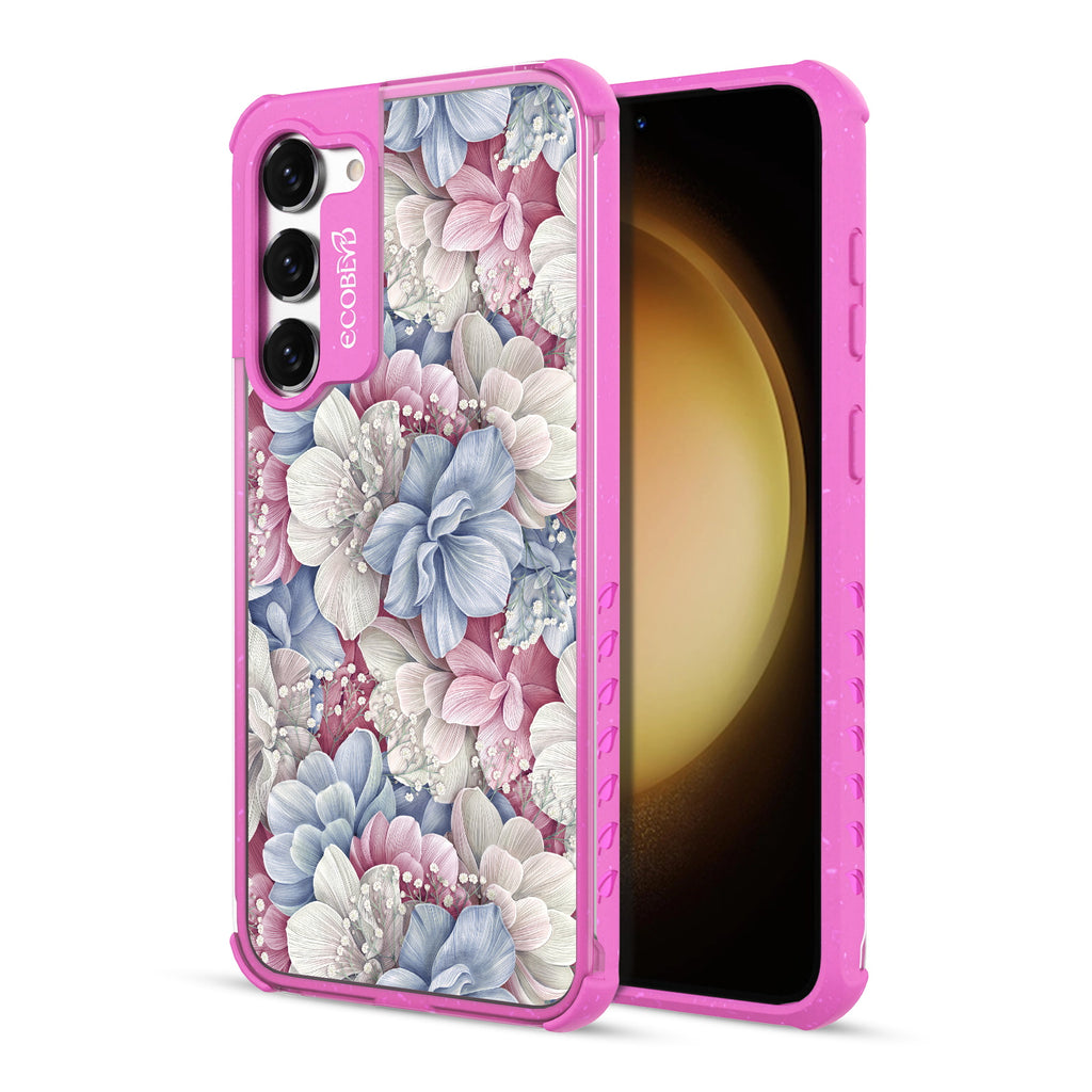 Petals & Pearls- Back View Of Pink & Clear Eco-Friendly Galaxy S23 Case & A Front View Of The Screen
