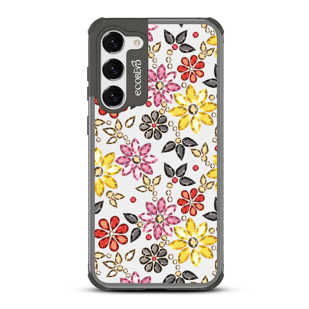 Bejeweled - Black Eco-Friendly Galaxy S23 Case with Colorful Floral Bejeweled Patterns On A Clear Back
