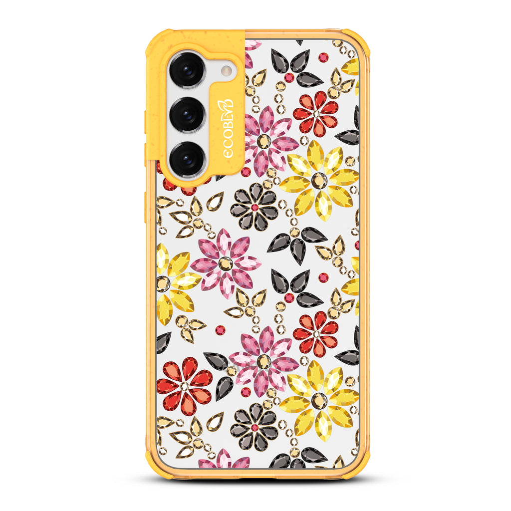 Bejeweled - Yellow Eco-Friendly Galaxy S23 Case with Colorful Floral Bejeweled Patterns On A Clear Back