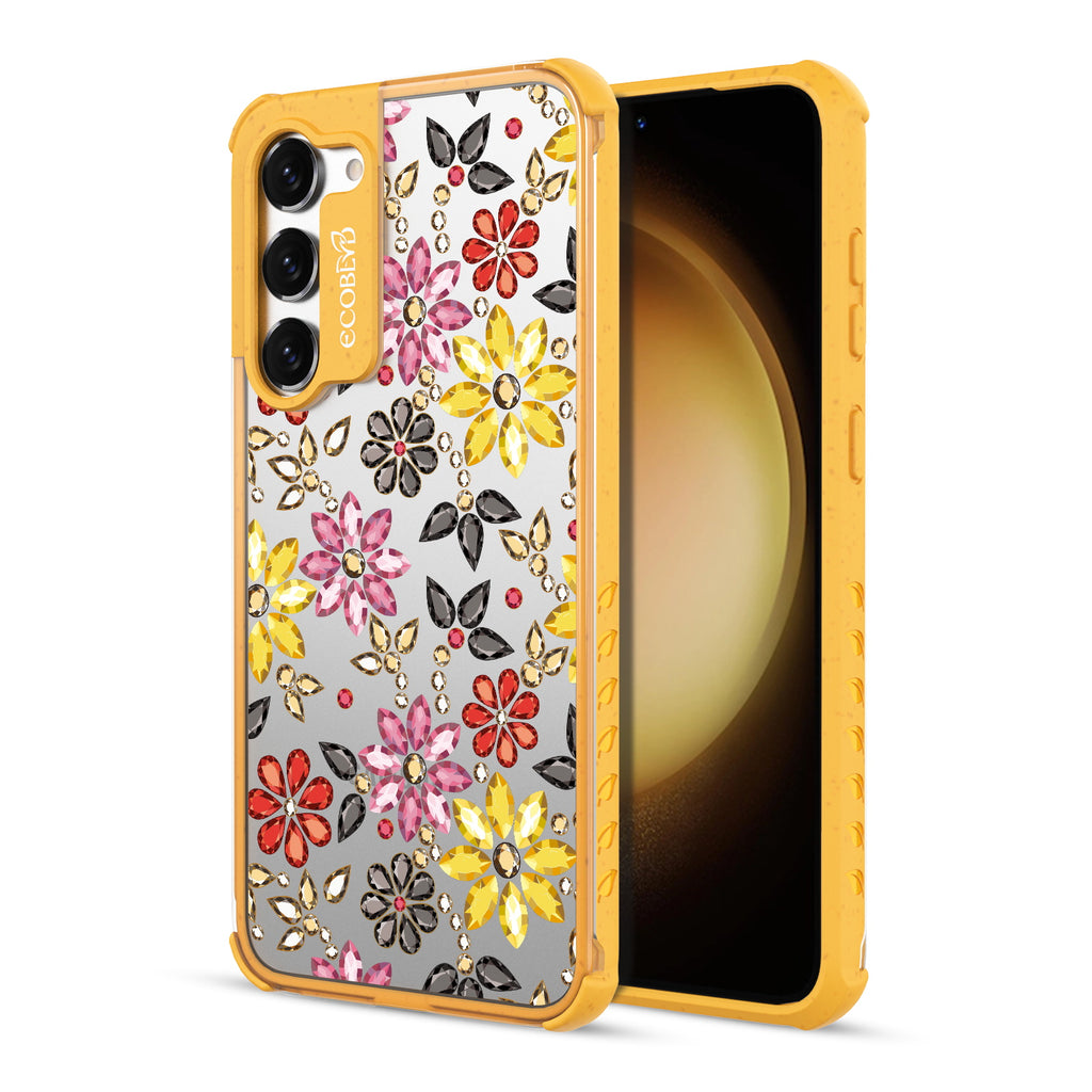 Bejeweled  - Back View Of Yellow & Clear Eco-Friendly Galaxy S23 Case & A Front View Of The Screen