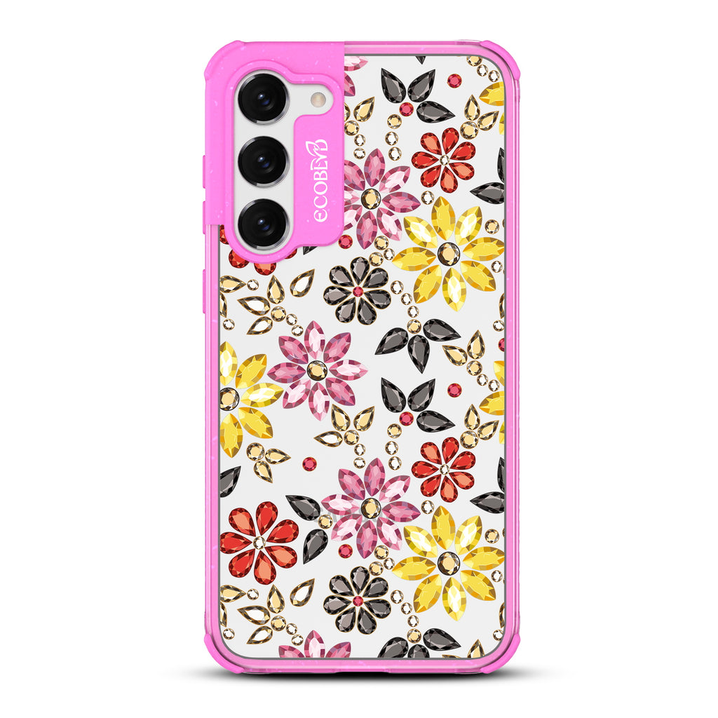 Bejeweled - Pink Eco-Friendly Galaxy S23 Case with Colorful Floral Bejeweled Patterns On A Clear Back