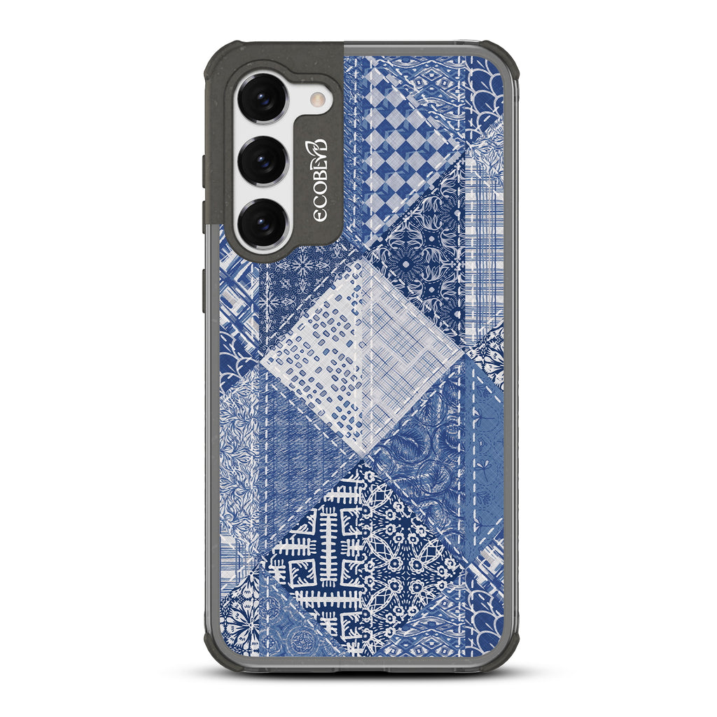 Tailor Made - Black Eco-Friendly Galaxy S23 Case With Patchwork Blue Denim With Paisley Patches On A Clear Back