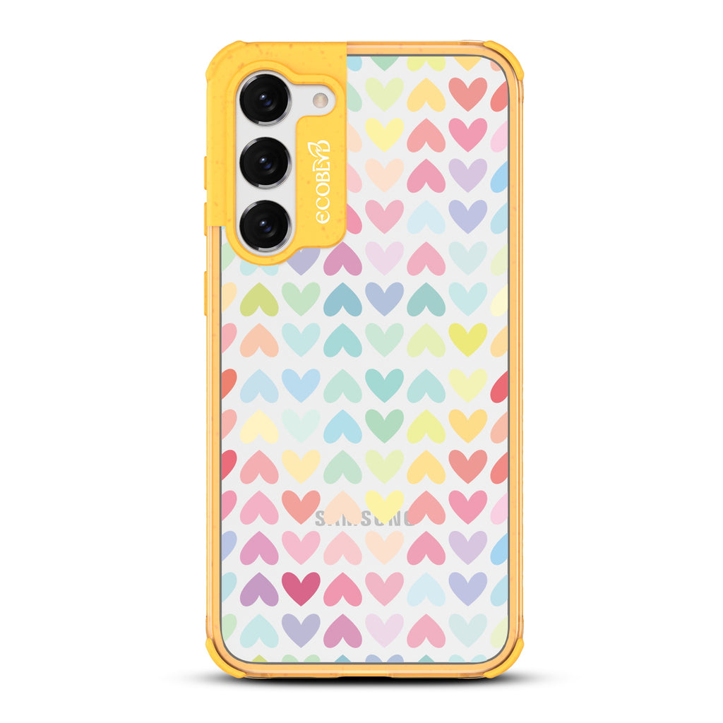 Love Is Love - Yellow Eco-Friendly Galaxy S23 Case With A Pastel Rainbow Hearts Pattern On A Clear Back