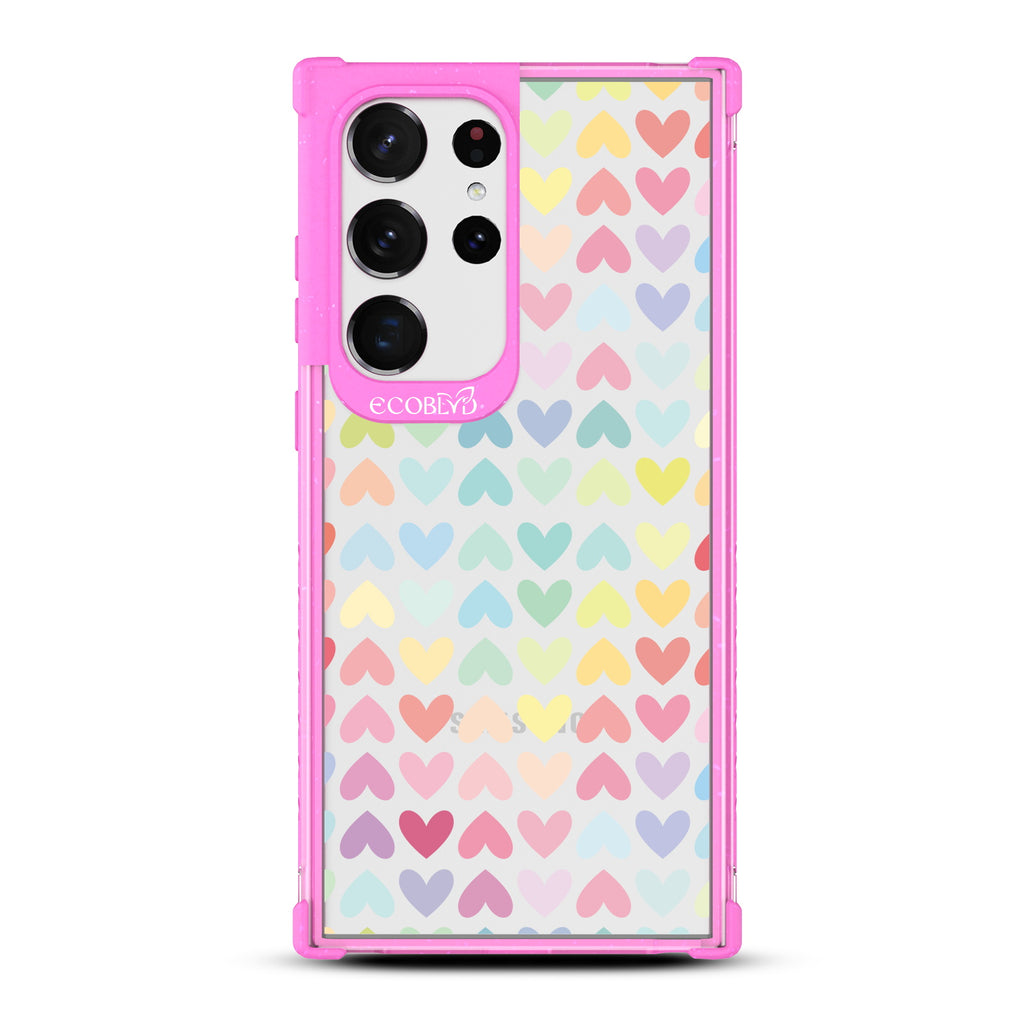 Love Is Love - Pink Eco-Friendly Galaxy S23 Ultra Case With A Pastel Rainbow Hearts Pattern On A Clear Back