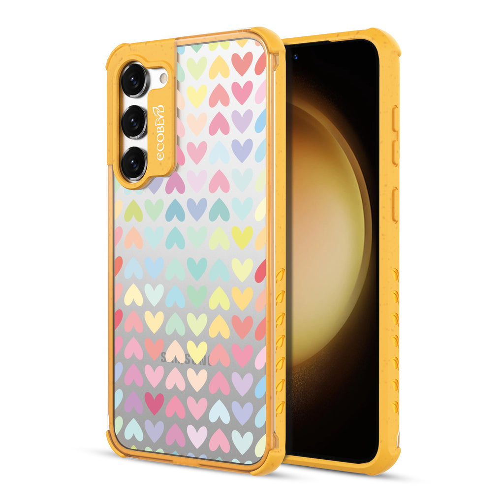 Love Is Love - Back View Of Yellow & Clear Eco-Friendly Galaxy S23 Case & A Front View Of The Screen
