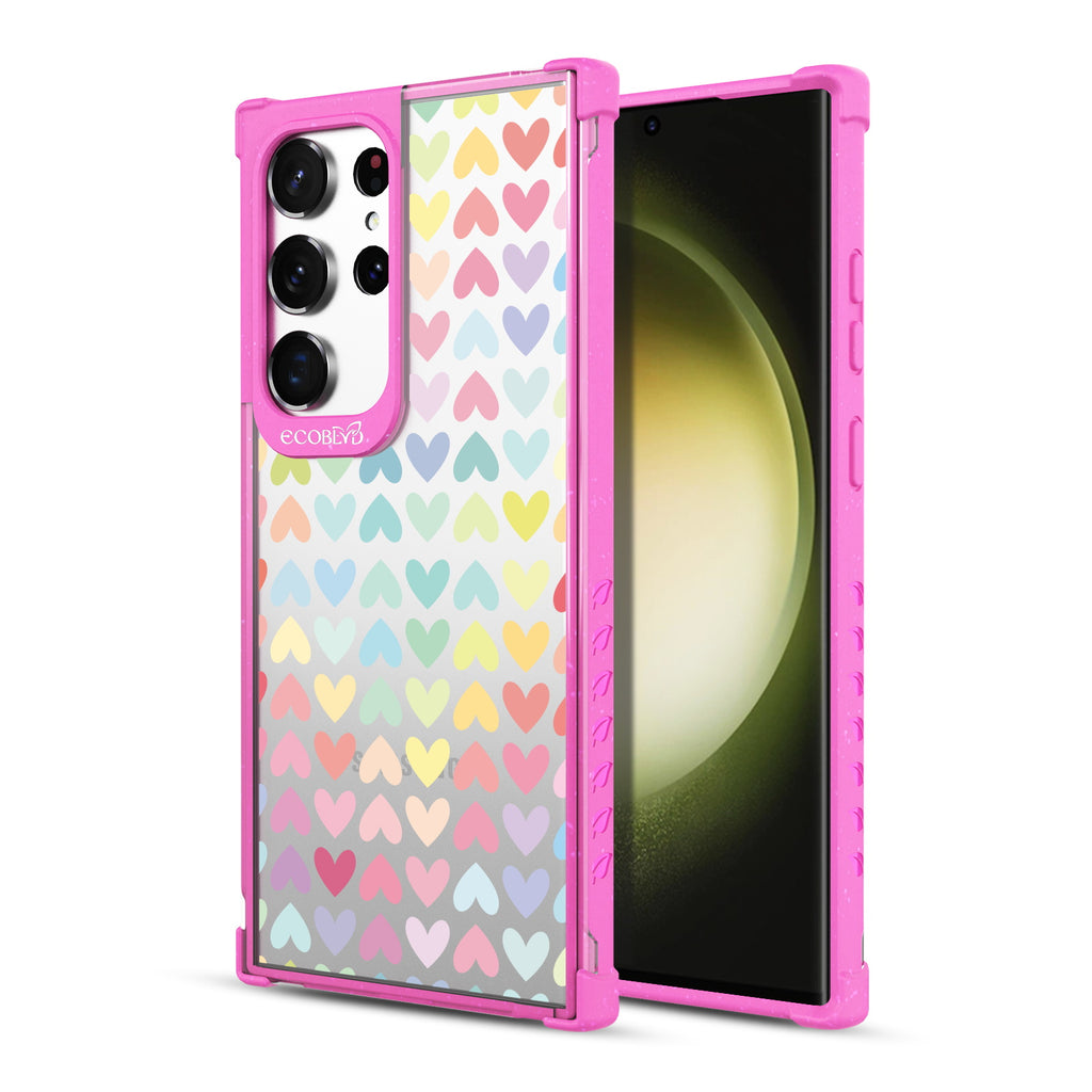 Love Is Love - Back View Of Pink & Clear Eco-Friendly Galaxy S23 Ultra Case & A Front View Of The Screen