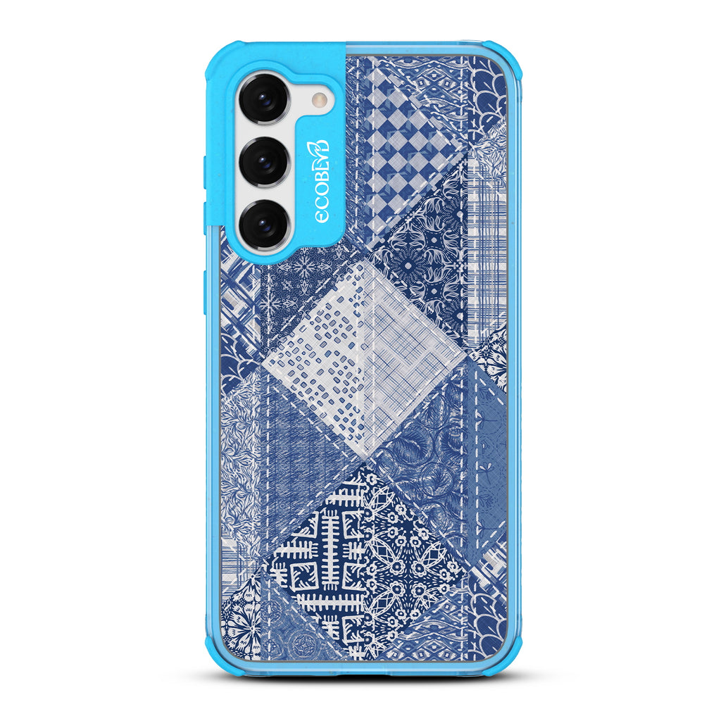 Tailor Made - Blue Eco-Friendly Galaxy S23 Ultra Case With Patchwork Blue Denim With Paisley Patches On A Clear Back