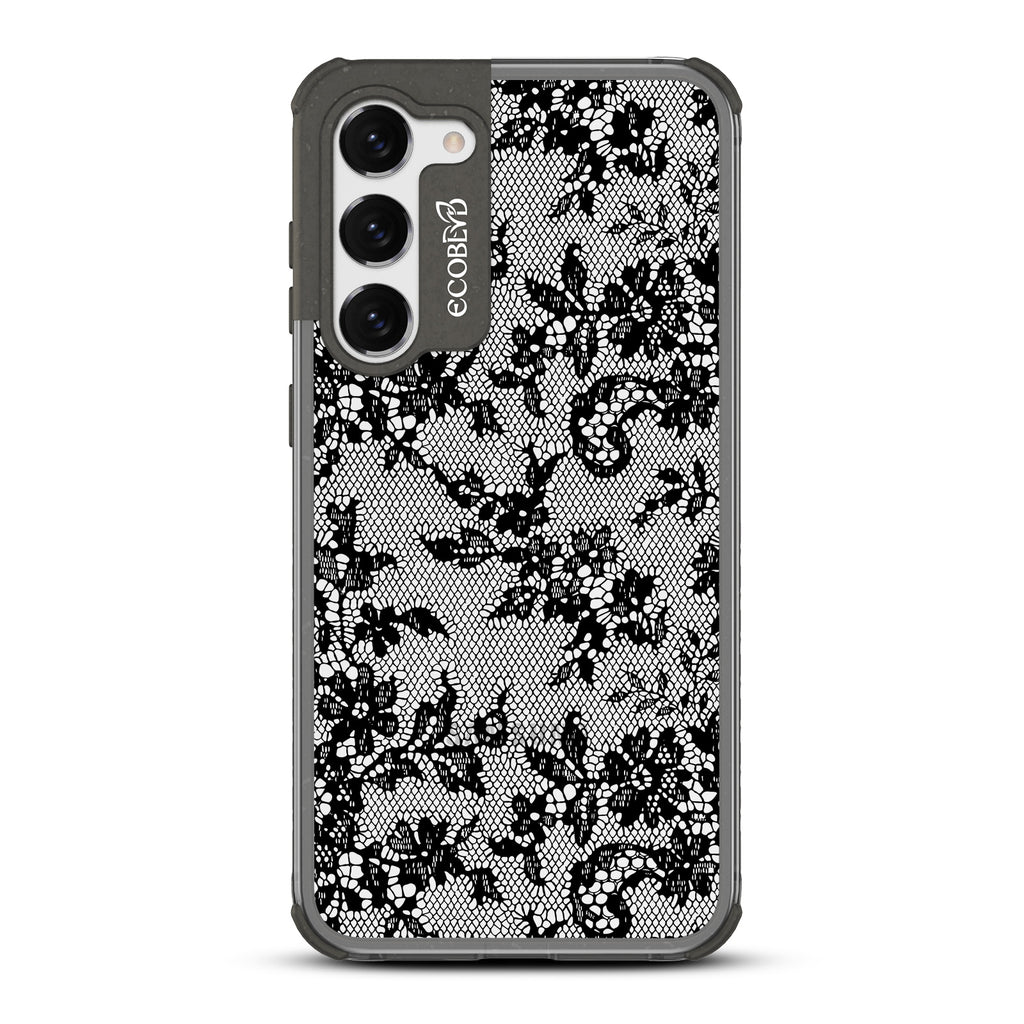 Lace Me Up - Black Eco-Friendly Galaxy S23 Case With French Chantilly Floral Lace Trim On A Clear Back