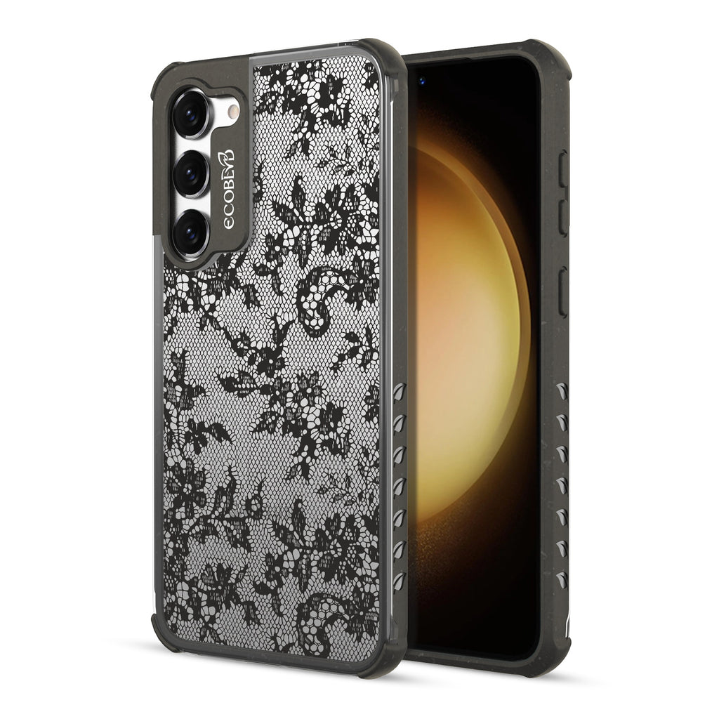 Lace Me Up - Back View Of Black & Clear Eco-Friendly Galaxy S23 Case & A Front View Of The Screen