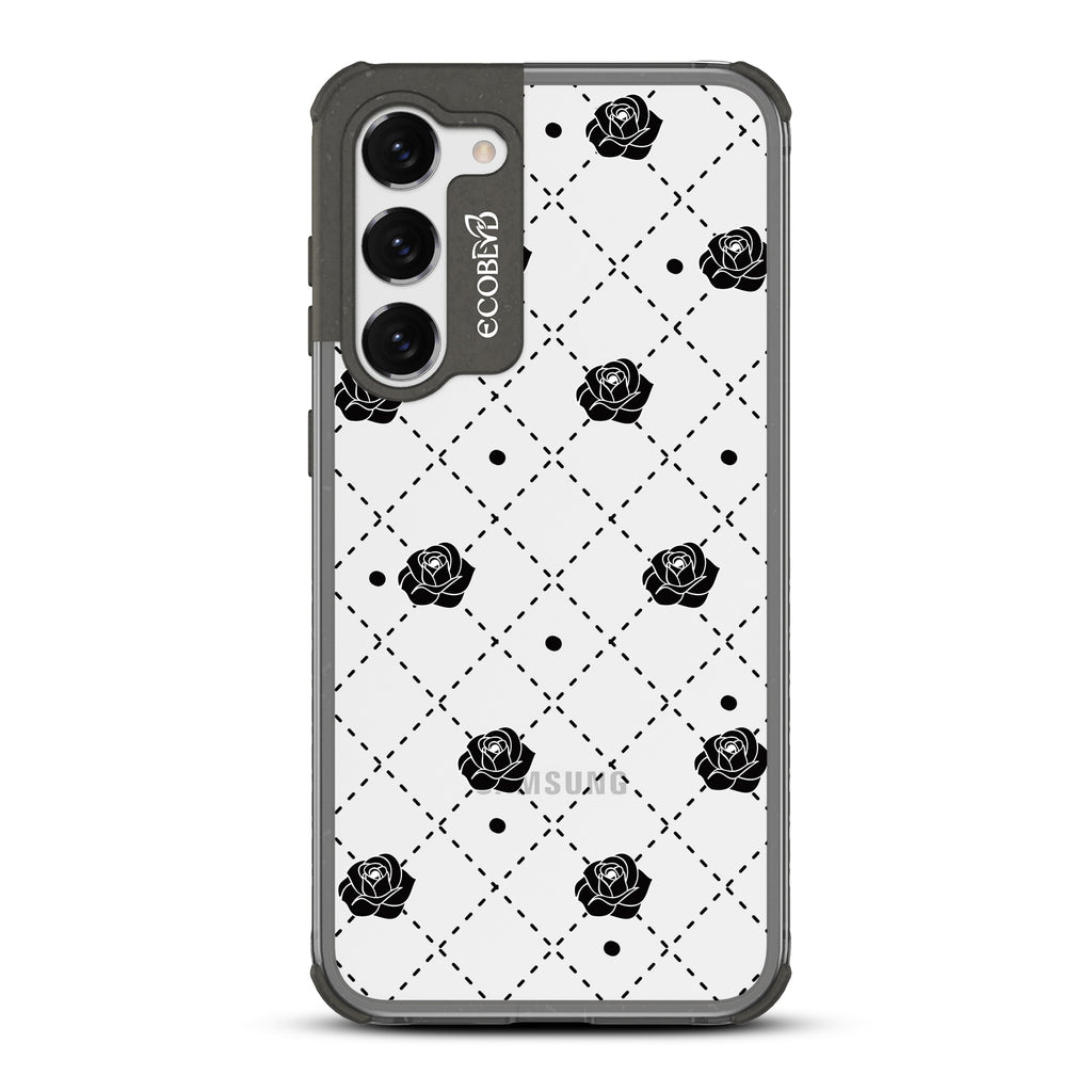 Rose To The Occasion - Black Eco-Friendly Galaxy S23 Case With Argyle Print, Black Dots & Black Roses On A Clear Back