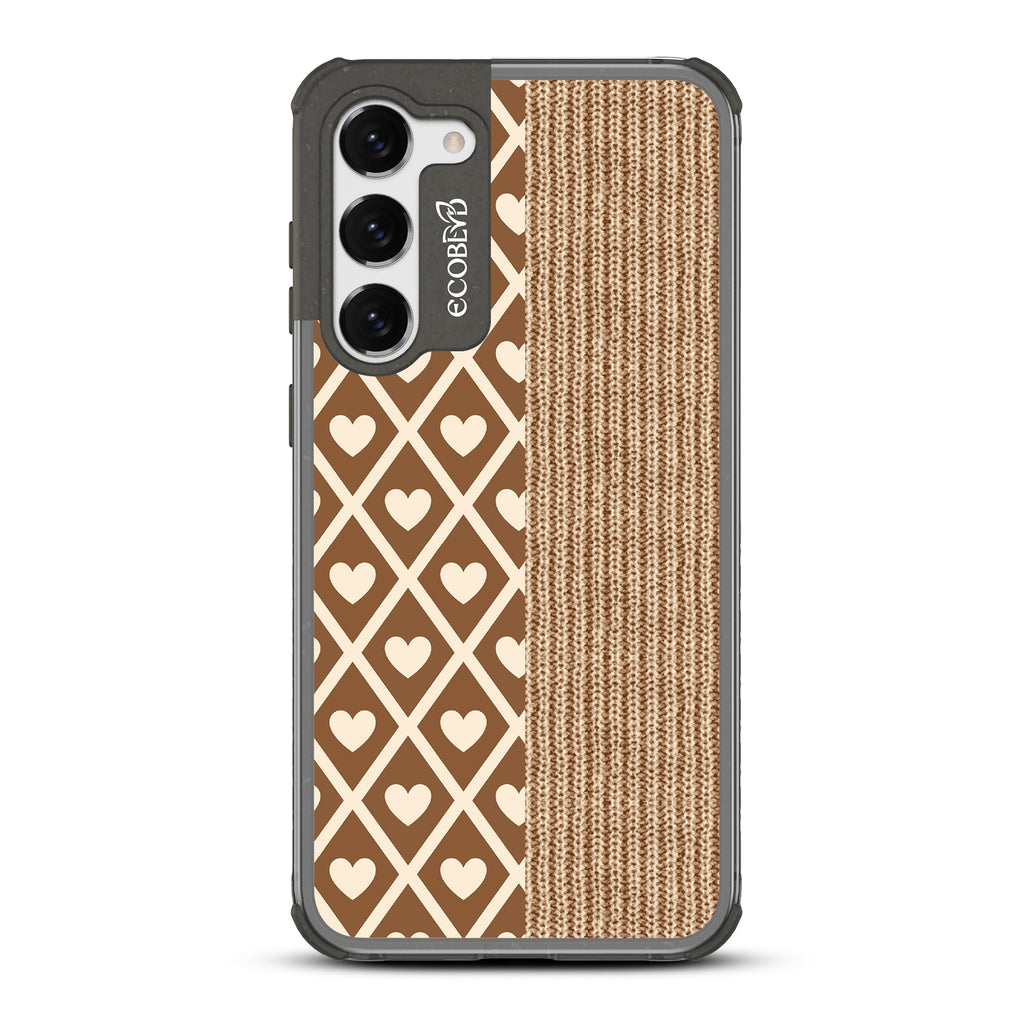 Sew Adorable - Black Eco-Friendly Galaxy S23 Case With A Design Of Brown Argyle Print & Sewn Fabric Print On A Clear Back