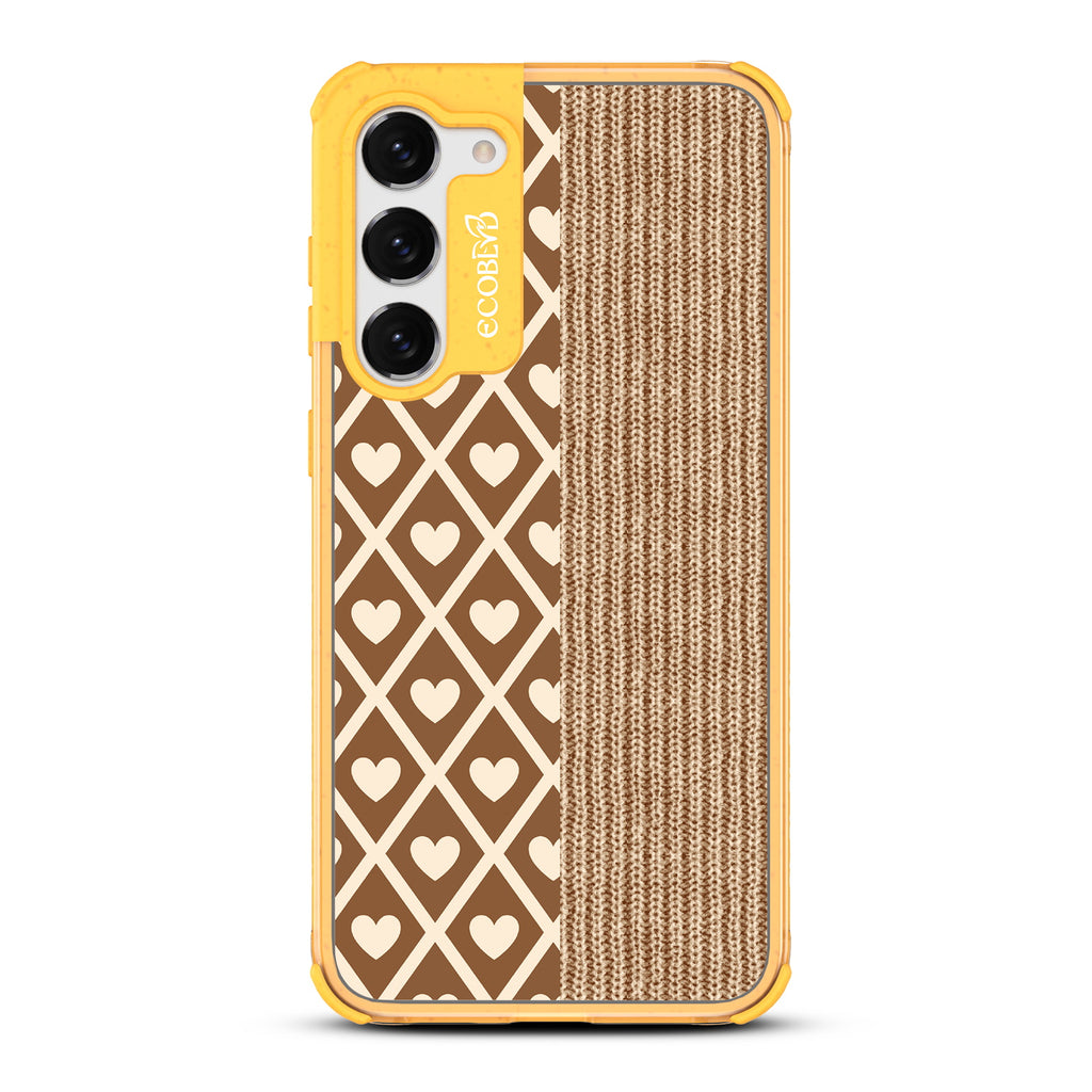 Sew Adorable - Yellow Eco-Friendly Galaxy S23 Case With A Design Of Brown Argyle Print & Sewn Fabric Print On A Clear Back