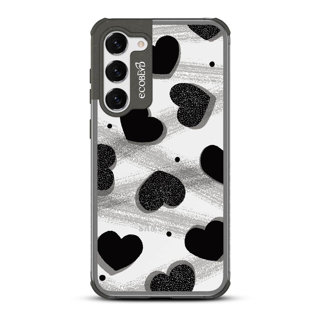 Sparks Fly - Black Eco-Friendly Galaxy S23 Case With Silver Glitter Hearts, Dots, Grey Paint Strokes On A Clear Back