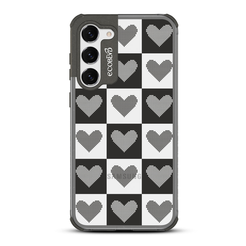 Quilty Pleasures - Black Eco-Friendly Galaxy S23 Case With Black Checkered Print With Knitted Hearts On A Clear Back