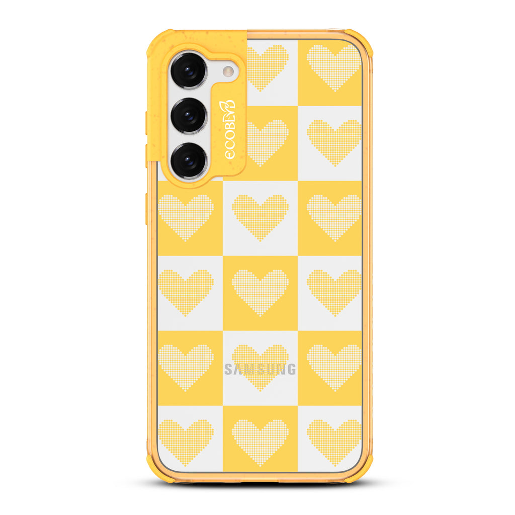 Quilty Pleasures - Yellow Eco-Friendly Galaxy S23 Case With Checkered Print With Knitted Hearts On A Clear Back