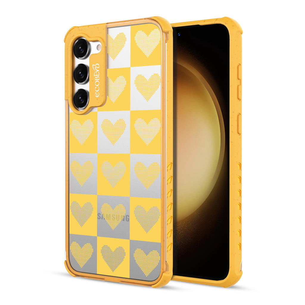 Quilty Pleasures - Back View Of Yellow & Clear Eco-Friendly Galaxy S23 Case & A Front View Of The Screen