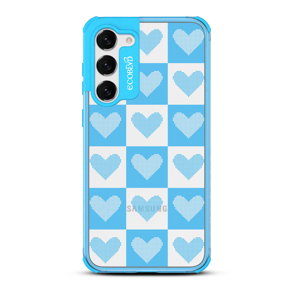 Quilty Pleasures - Blue Eco-Friendly Galaxy S23 Case With Checkered Print With Knitted Hearts On A Clear Back