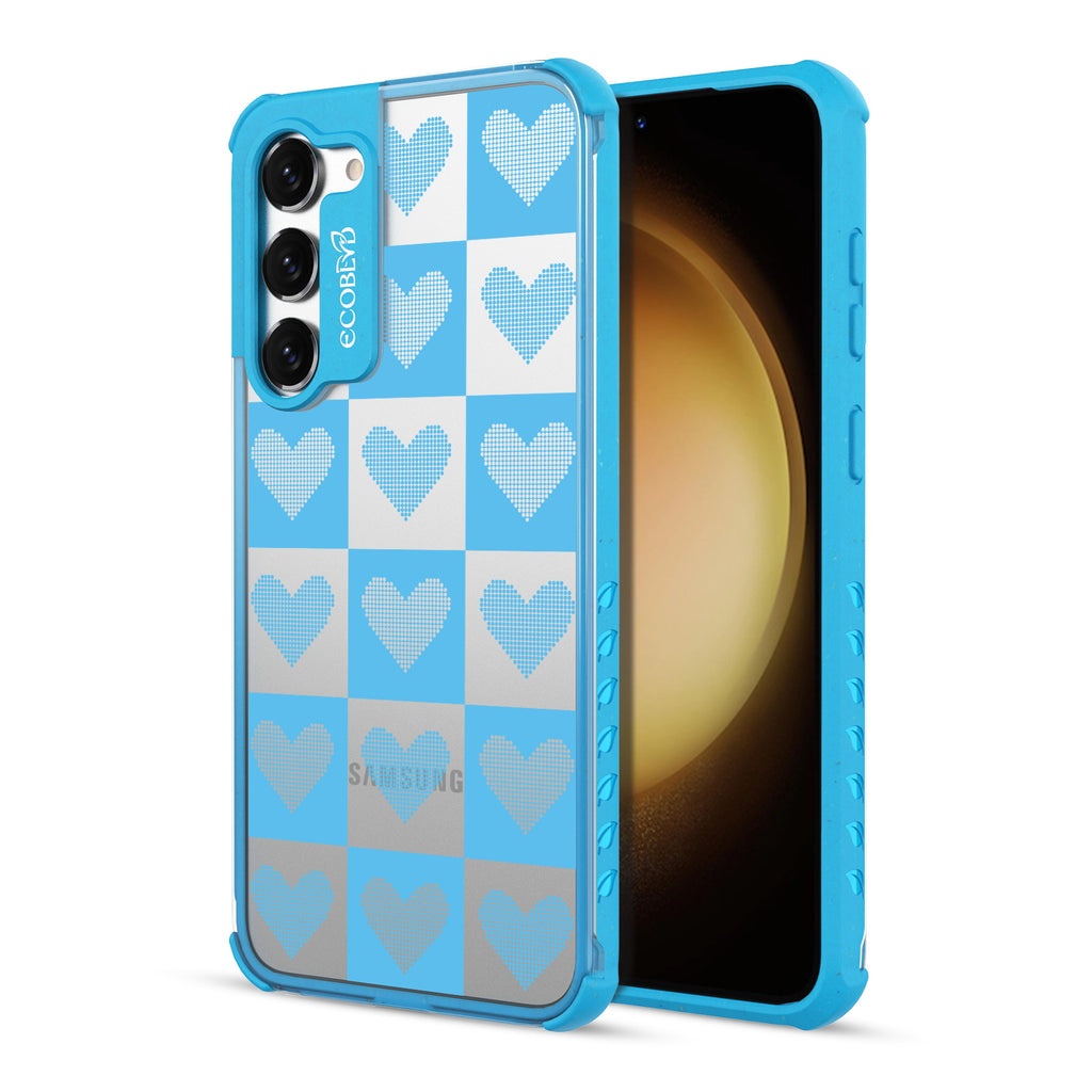Quilty Pleasures - Back View Of Blue & Clear Eco-Friendly Galaxy S23 Case & A Front View Of The Screen