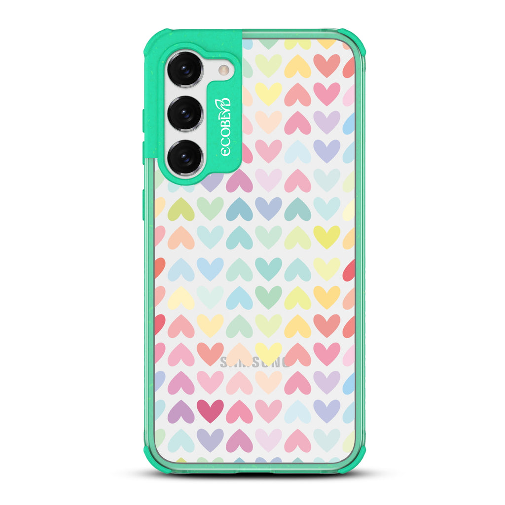 Love Is Love - Green Eco-Friendly Galaxy S23 Case With A Pastel Rainbow Hearts Pattern On A Clear Back