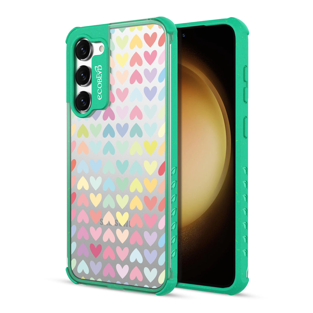 Love Is Love - Back View Of Green & Clear Eco-Friendly Galaxy S23 Case & A Front View Of The Screen