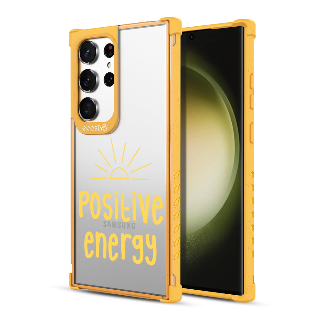 Positive Energy- Back View Of Yellow & Clear Eco-Friendly Galaxy S23 Ultra Case & A Front View Of The Screen